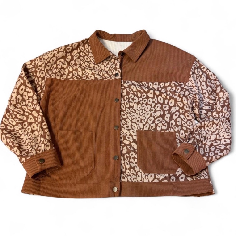 Leopard Print Colorblock Ribbed Shacket Women’s L… - image 1